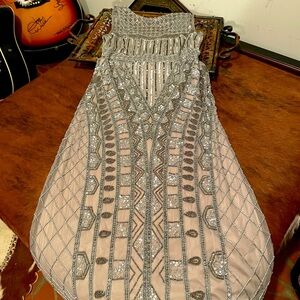 Adrianna Papell, size 2, sequin gown, nude, gray, and silver.